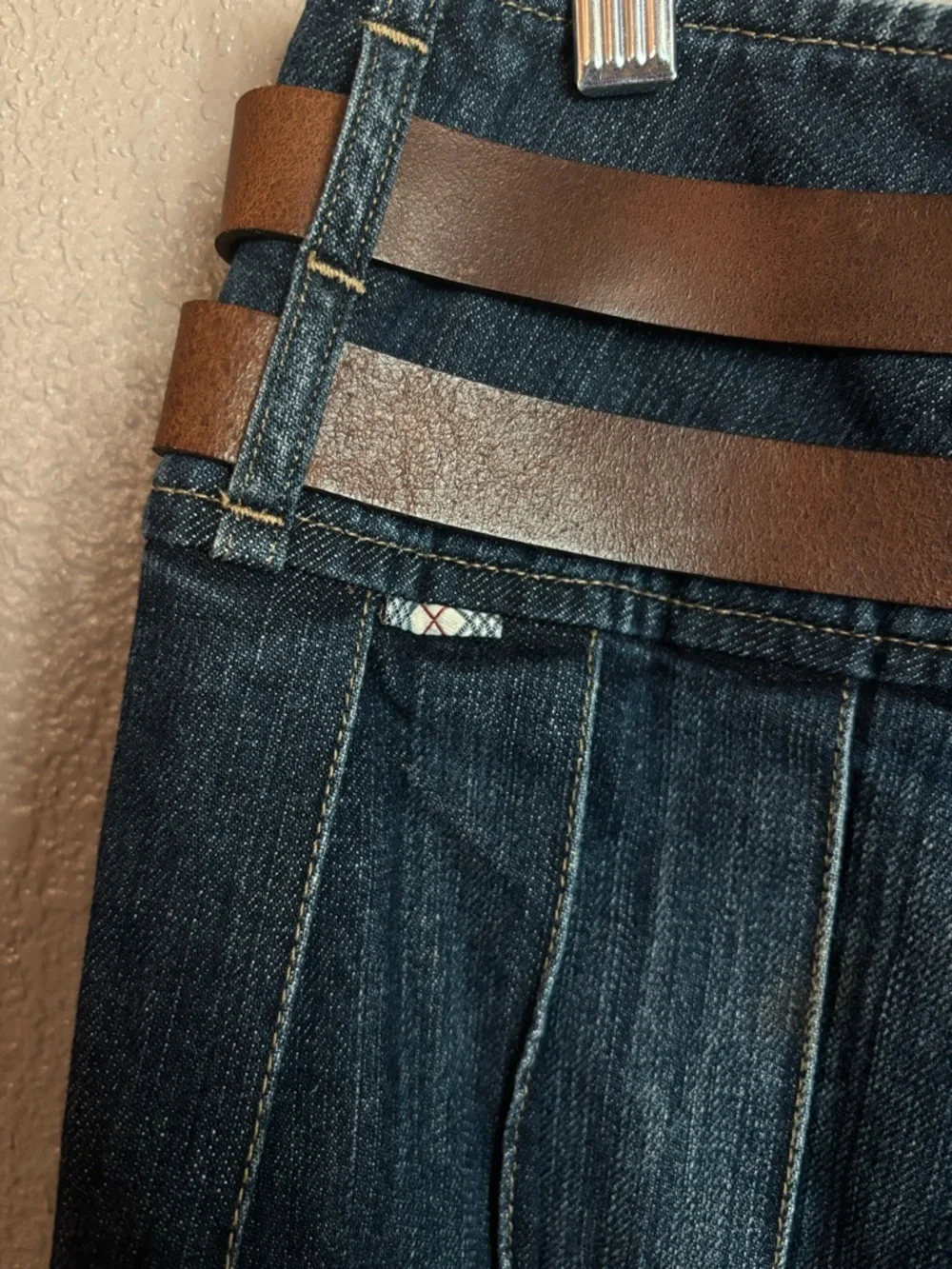Burberry Dark Blue Denim Pleated Mini Skirt with Brown Double Belts - Picture 3 of 11